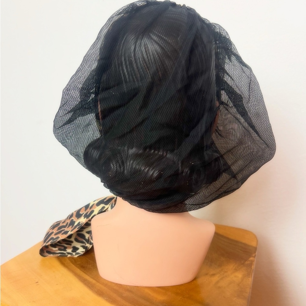 RARE 1950’s 50s Vintage Rayon Leopard Print Black Mesh Snood Scarf Head Wrap - Picture 6 of 7